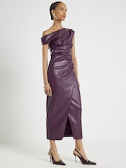 River Island Purple One shoulder Drape Faux Leather Midi Dress - Image 2 of 4