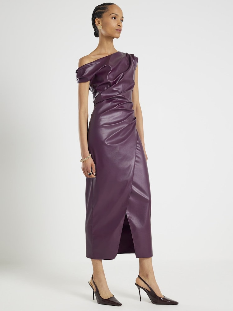 River Island One shoulder Drape Faux Leather Midi Dress - صورة 2 من 4 River Island One shoulder Drape Faux Leather Midi Dress - صورة 2 من 4
