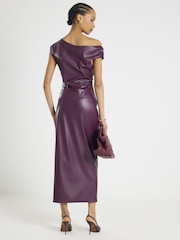 River Island Purple One shoulder Drape Faux Leather Midi Dress - Image 3 of 4