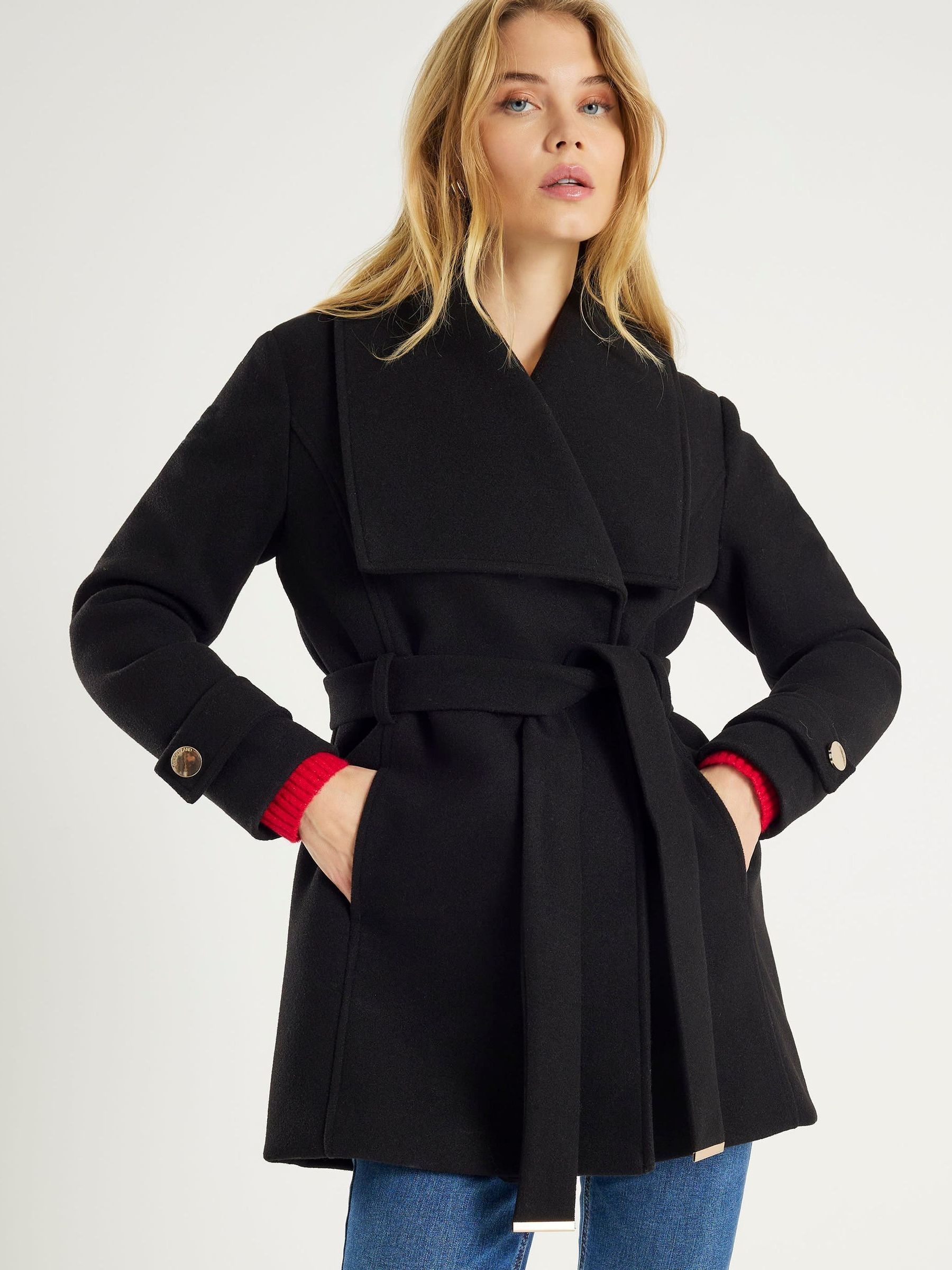 Buy River Island Black Wide Collar Short Wrap Coat from the Next