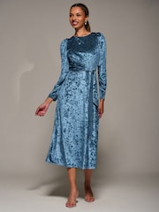 Jolie Moi Blue Long Sleeve Velvet Tie Detail Midi Dress - Image 2 of 6