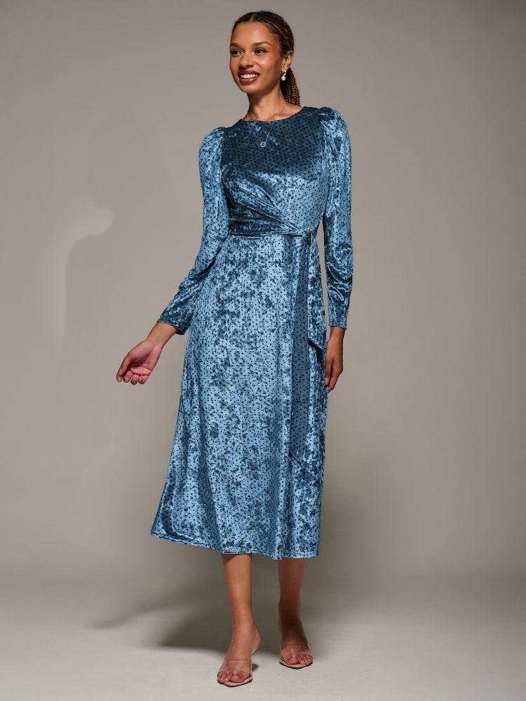 Jolie Moi Blue Long Sleeve Velvet Tie Detail Midi Dress - Image 2 of 6 Jolie Moi Blue Long Sleeve Velvet Tie Detail Midi Dress - Image 2 of 6