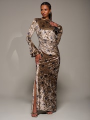 Jolie Moi Gold Ruffle Sleeve Asymmetric Neck Velvet Maxi Dress - Image 1 of 6