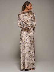 Jolie Moi Gold Ruffle Sleeve Asymmetric Neck Velvet Maxi Dress - Image 2 of 6