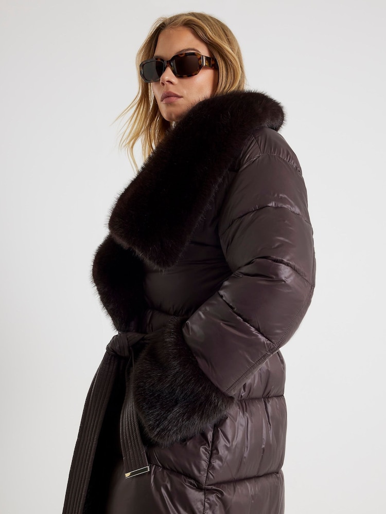 River Island Brown Faux Fur Collar Padded Longline Jacket - Image 4 of 4