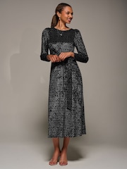 Jolie Moi Black Long Sleeve Velvet Tie Detail Midi Dress - Image 1 of 6