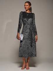 Jolie Moi Black Long Sleeve Velvet Tie Detail Midi Dress - Image 4 of 6