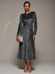 Jolie Moi Black Long Sleeve Velvet Tie Detail Midi Dress - Image 5 of 6