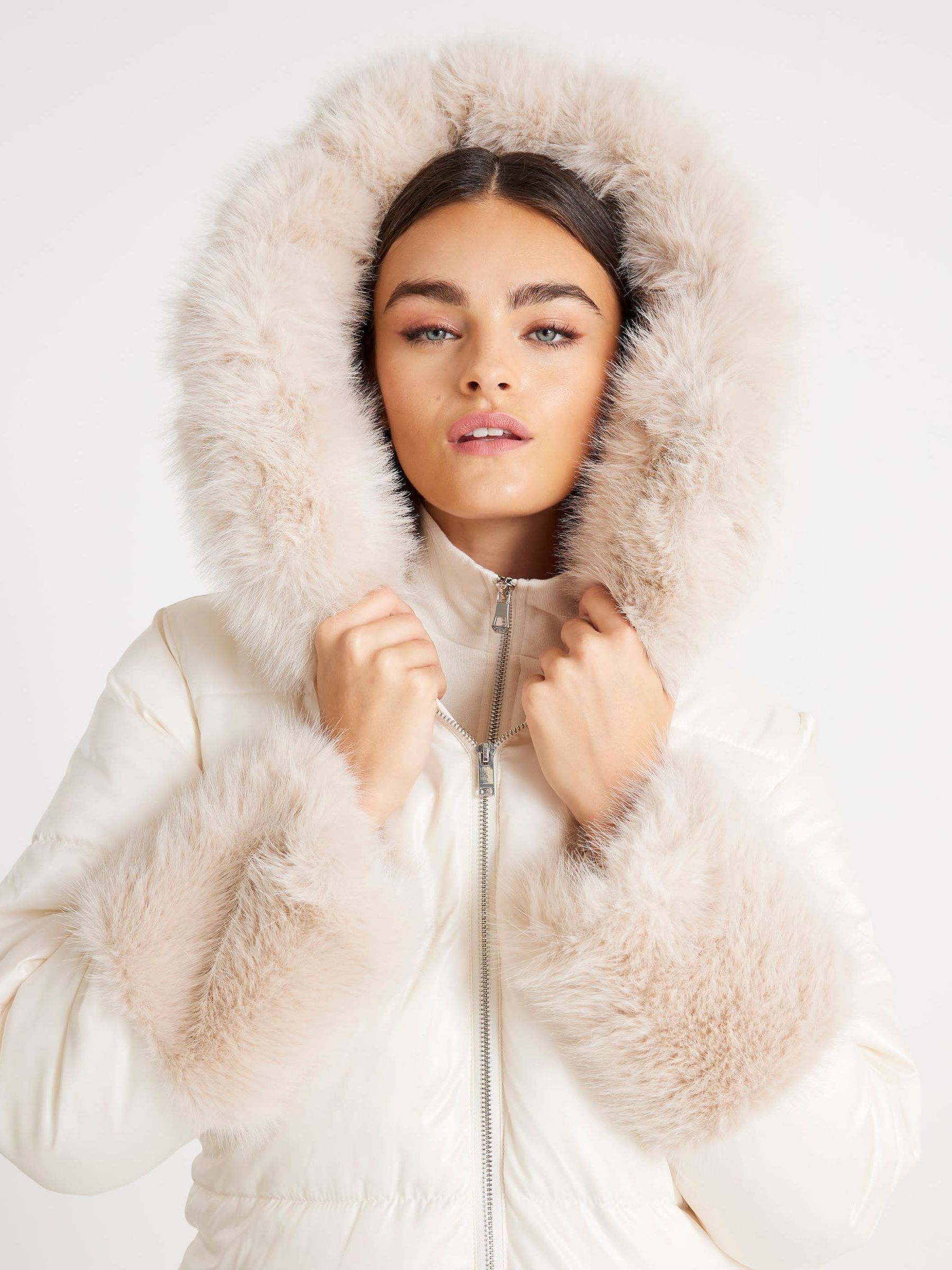 Buy River Island Cream Faux Fur Hood Ski Bunny Longline Jacket