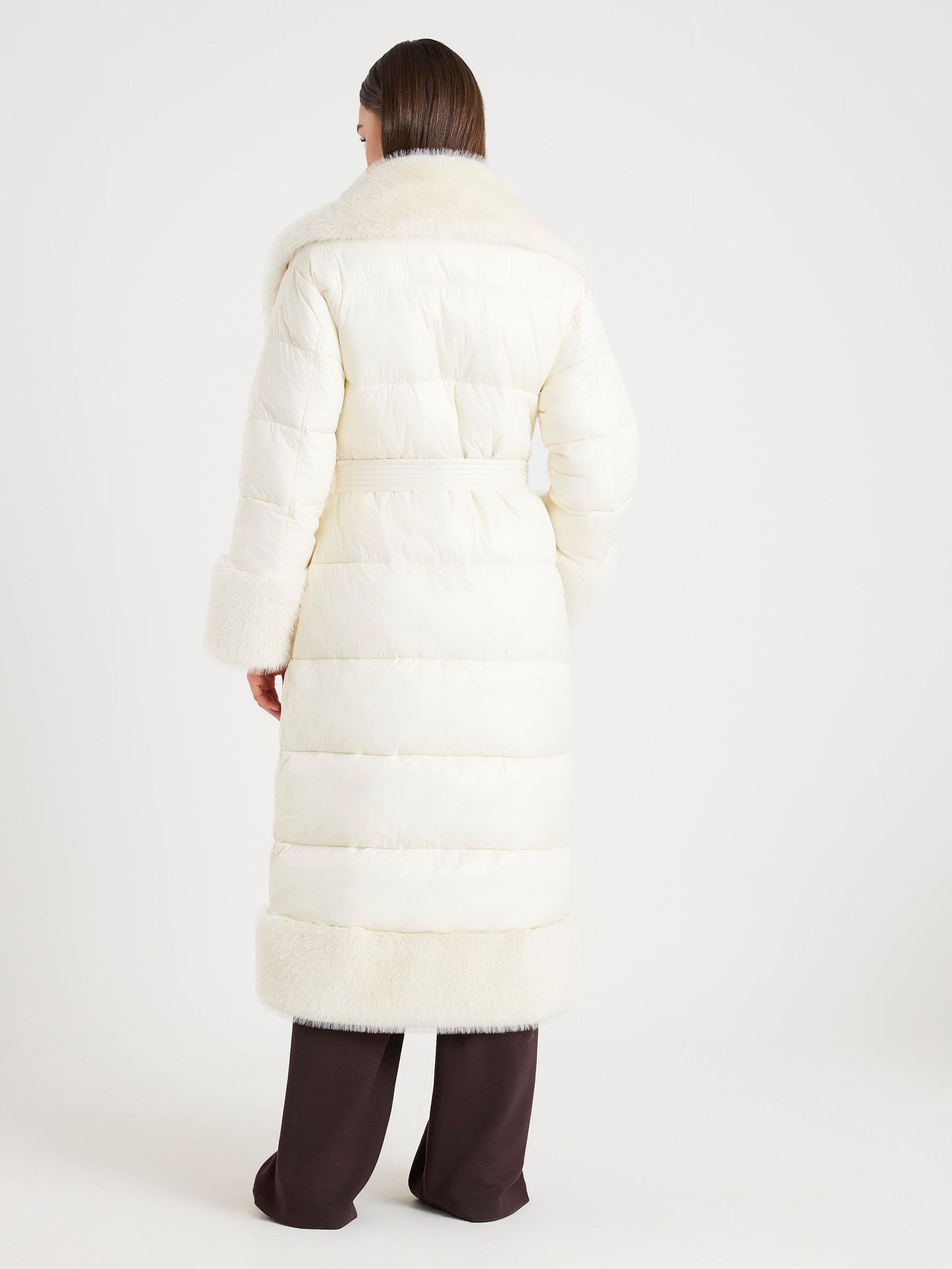 Buy River Island Cream Faux Fur Collar Padded Longline Jacket from