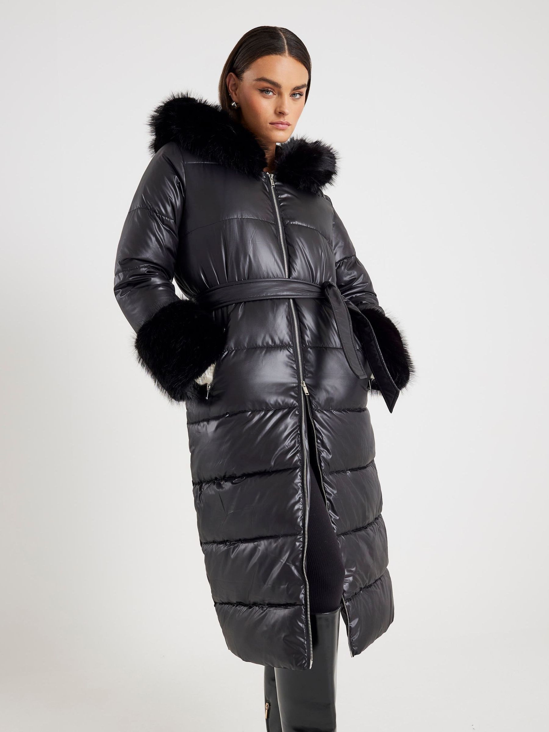 Buy River Island Black Faux Fur Hood Ski Bunny Longline Jacket