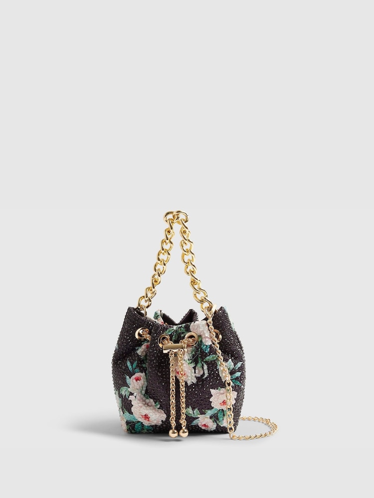 River Island Black Floral Print Heatseal Droplet Bucket Bag - Image 1 of 5 River Island Black Floral Print Heatseal Droplet Bucket Bag - Image 1 of 5