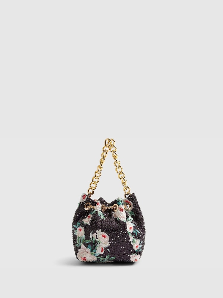 River Island Black Floral Print Heatseal Droplet Bucket Bag - Image 2 of 5 River Island Black Floral Print Heatseal Droplet Bucket Bag - Image 2 of 5