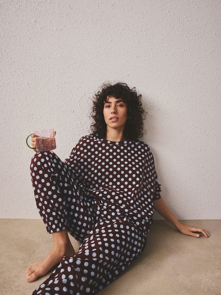 Buline maro ciocolată - Pijama cu mânecă lungă din bumbac - Imaginea 1 din 5