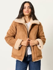 FatFace Aspen Tan Brown Petite Shearling Jacket - Image 1 of 7