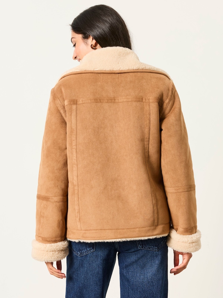 FatFace Aspen Tan Brown Petite Shearling Jacket - Image 2 of 7 FatFace Aspen Tan Brown Petite Shearling Jacket - Image 2 of 7