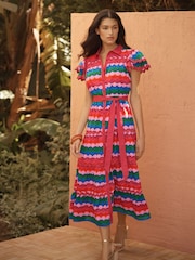 Love & Roses Multi Scallop Print Petite Linen Ric Rac Trim Shirt Midi Dress - Image 1 of 4