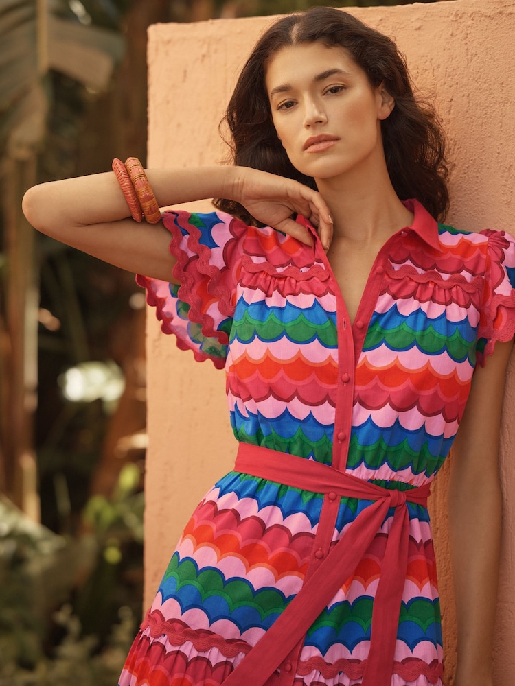 Love & Roses Multi Scallop Print Petite Linen Ric Rac Trim Shirt Midi Dress - Image 2 of 4