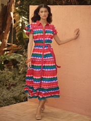 Love & Roses Multi Scallop Print Petite Linen Ric Rac Trim Shirt Midi Dress - Image 3 of 4