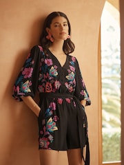 Love & Roses Black Floral Petite V-Neck Playsuit - Image 3 of 4