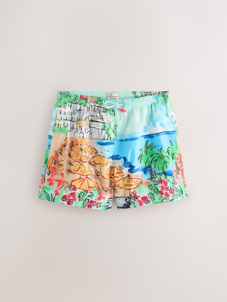 Blue Scenic Print Swim Shorts 5 Inch - Image 1 of 3 Blue Scenic Print Swim Shorts 5 Inch - Image 1 of 3