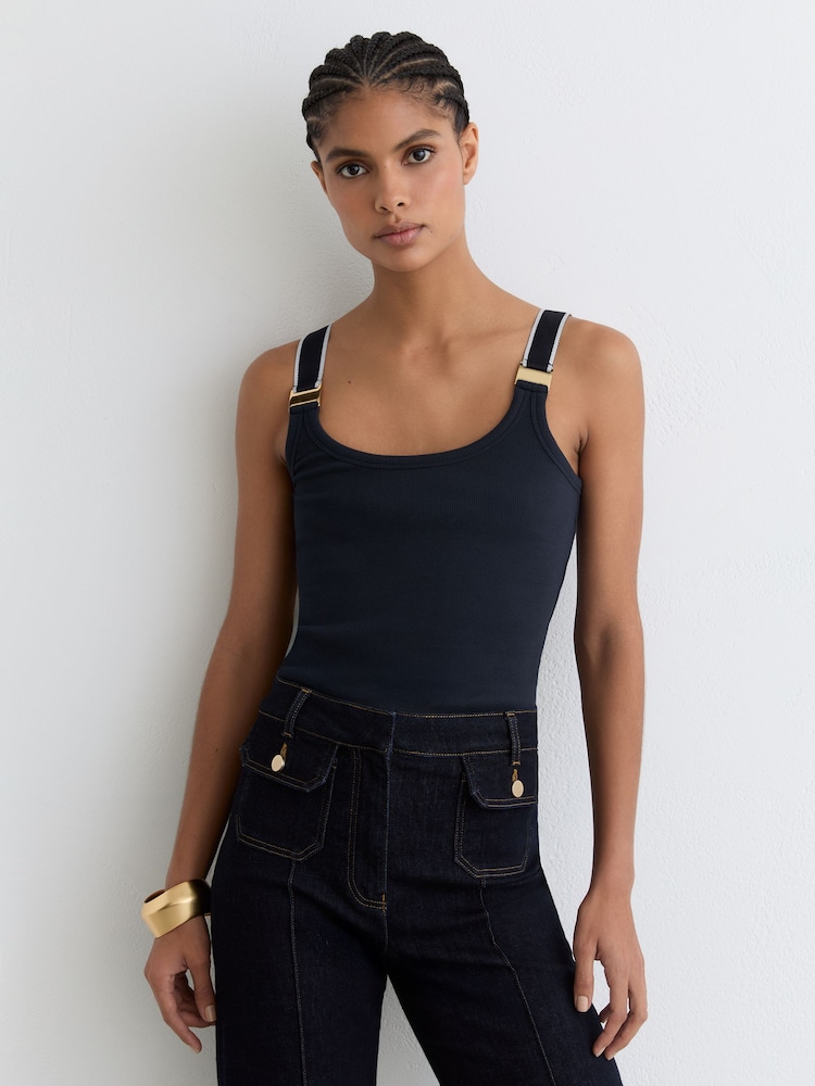 Reiss Navy/White Vinnie Stretch-Cotton Hardware-Detail Vest - Image 1 of 6 Reiss Navy/White Vinnie Stretch-Cotton Hardware-Detail Vest - Image 1 of 6