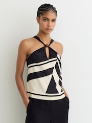 Reiss Black/White Caris Scarf-Print Tie-Back Top - Image 1 of 6
