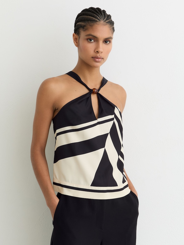 Reiss Black/White Caris Scarf-Print Tie-Back Top - Image 1 of 6