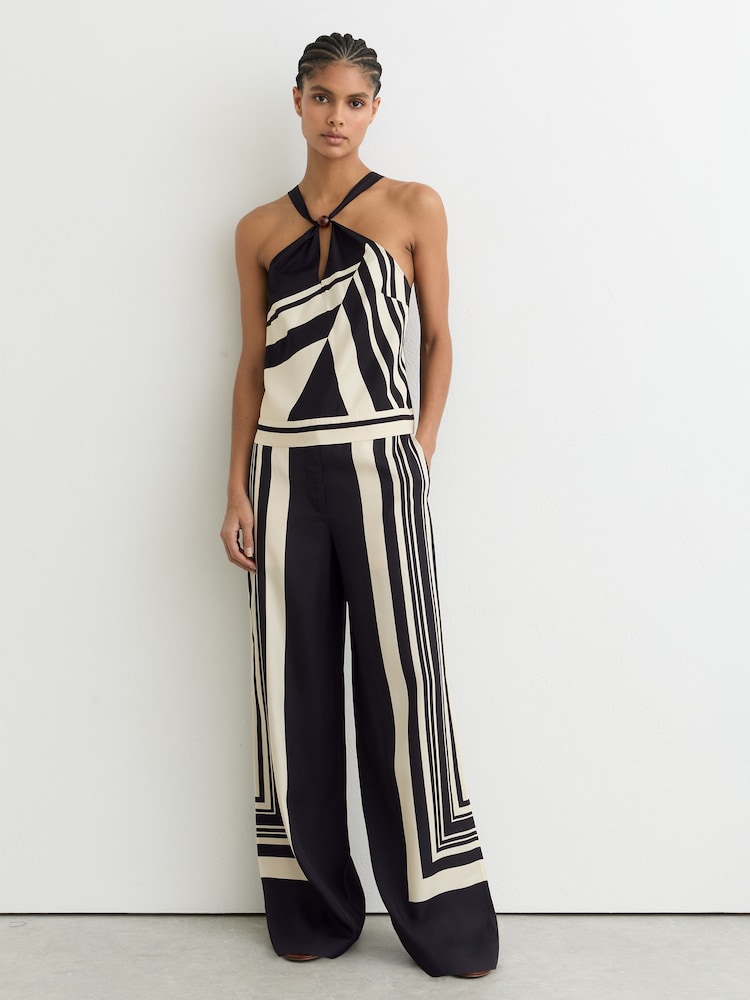 Reiss Black Caris Wide-Leg Scarf-Print Trousers - Image 1 of 7