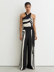 Reiss Black/Ivory Cara Scarf-Print Belted Wide-Leg Jumpsuit - Image 1 of 8