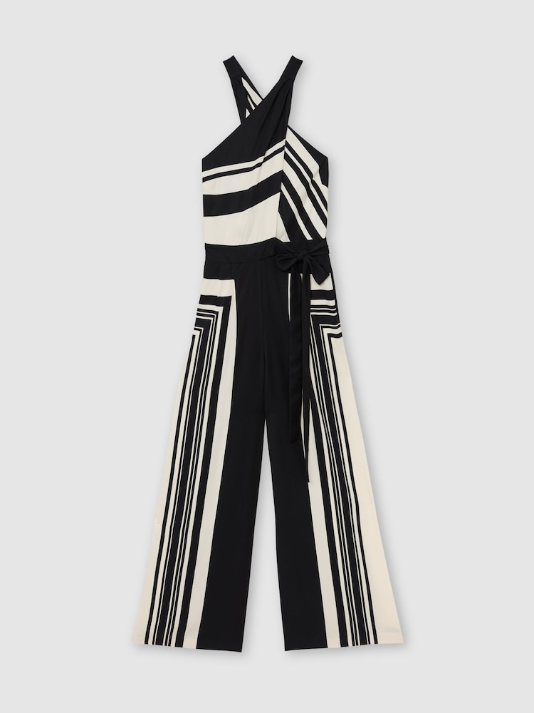 Reiss Black/Ivory Cara Scarf-Print Belted Wide-Leg Jumpsuit - Image 2 of 8