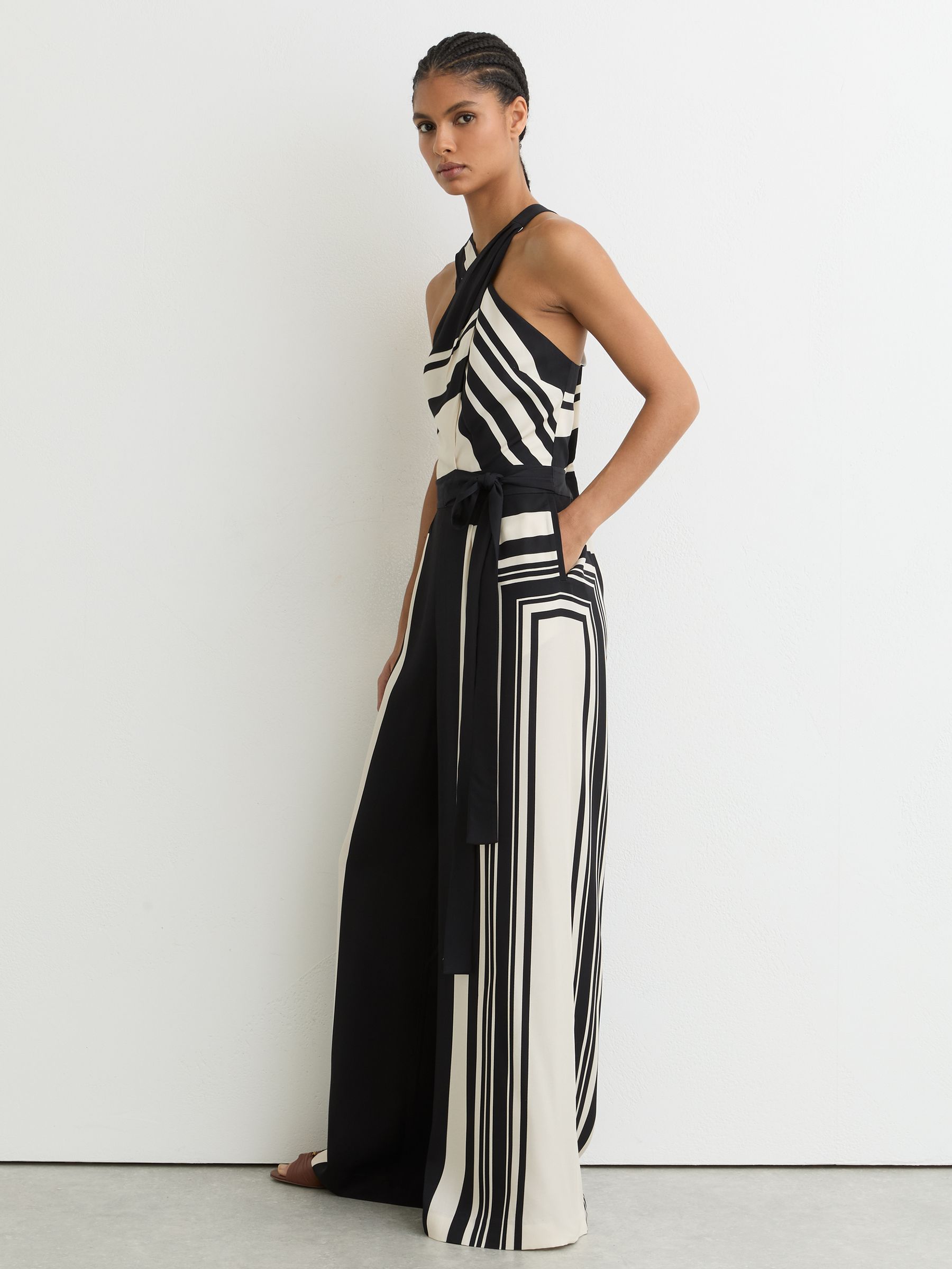 Buy Reiss Black/Ivory Cara Scarf-Print Belted Wide-Leg Jumpsuit
