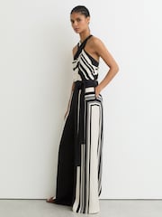 Reiss Black/Ivory Cara Scarf-Print Belted Wide-Leg Jumpsuit - Image 3 of 8