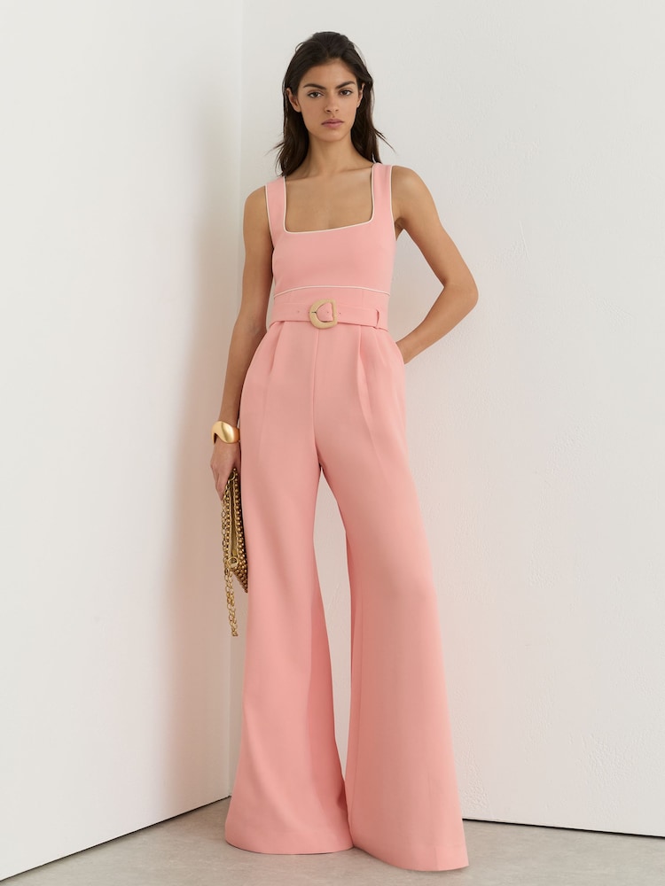 Reiss Pink Dia Petite Tipped Wide-Leg Belted Jumpsuit - Image 1 of 8
