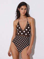 Reiss Chocolate Brown/Ivory Ray Polka-Dot Lattice-Trim Swimsuit - Image 1 of 7