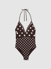 Reiss Chocolate Brown/Ivory Ray Polka-Dot Lattice-Trim Swimsuit - Image 2 of 7