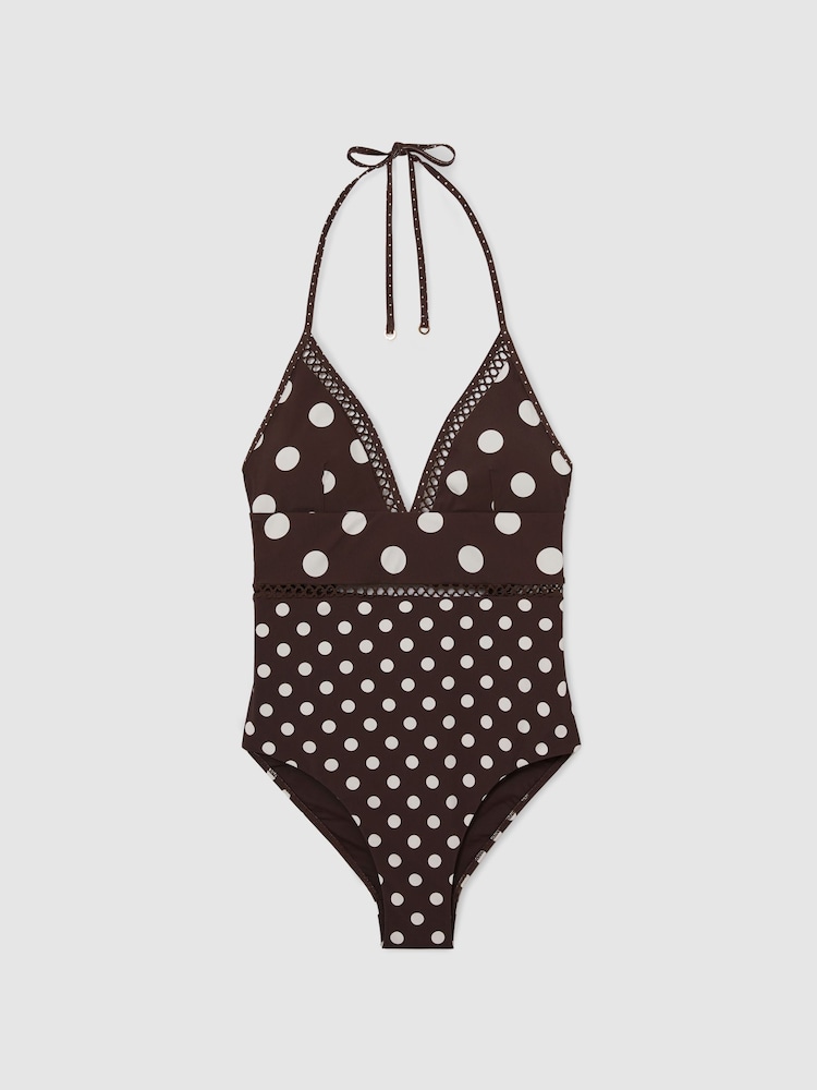 Reiss Chocolate Brown/Ivory Ray Polka-Dot Lattice-Trim Swimsuit - Image 2 of 7 Reiss Chocolate Brown/Ivory Ray Polka-Dot Lattice-Trim Swimsuit - Image 2 of 7
