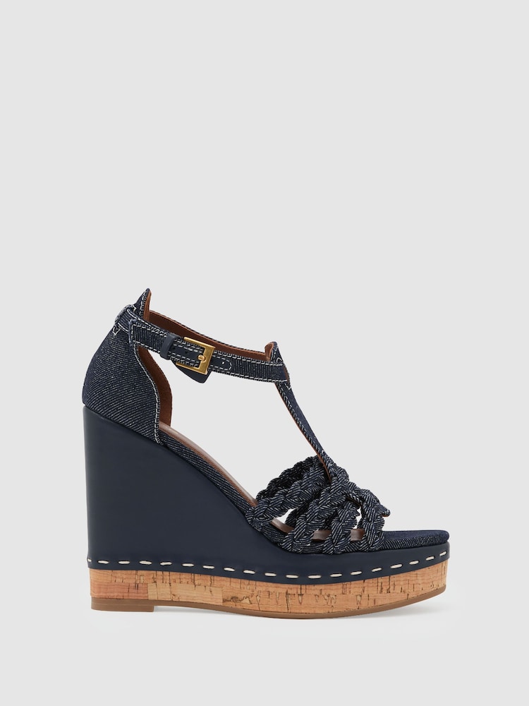 Reiss Blue Frances Denim Plaited-Strap Wedge Sandals - Image 2 of 6 Reiss Blue Frances Denim Plaited-Strap Wedge Sandals - Image 2 of 6