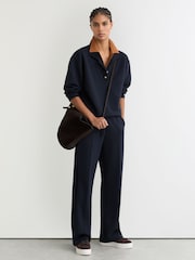 Reiss Navy Bella Premium Interlock Wide-Leg Joggers - Image 1 of 6