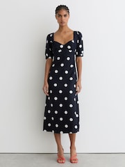 Reiss Navy/Ivory Astrid Linen Puff-Sleeve Polka-Dot Midi Dress - Image 1 of 7