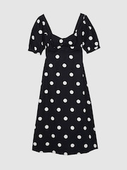 Reiss Navy/Ivory Astrid Linen Puff-Sleeve Polka-Dot Midi Dress - Image 2 of 7