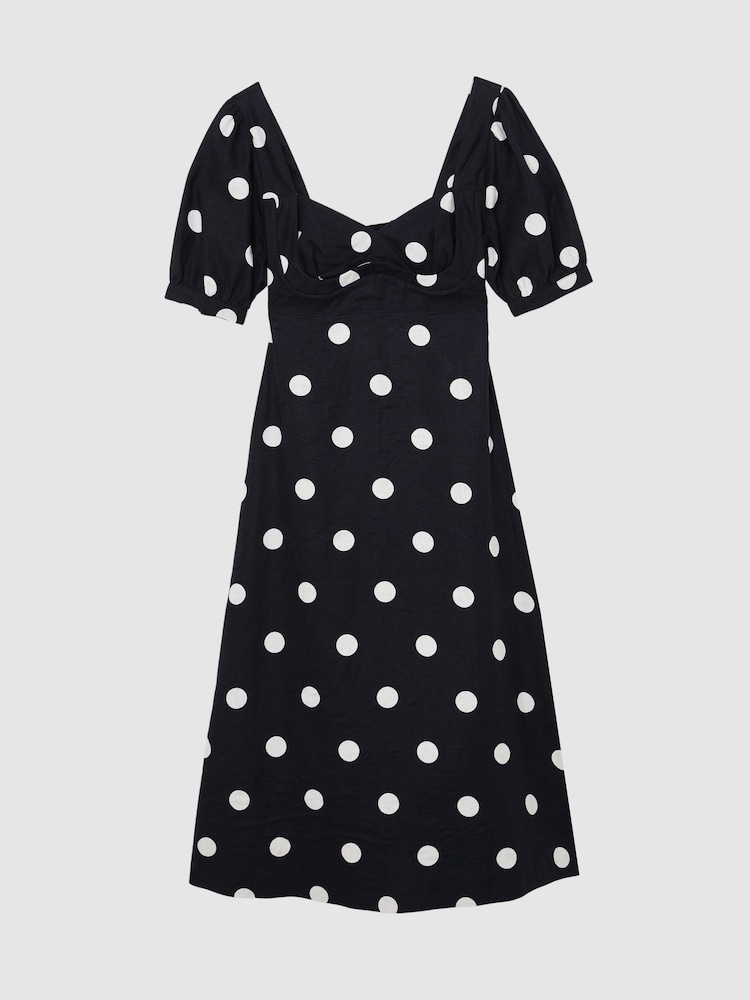 Reiss Navy/Ivory Astrid Linen Puff-Sleeve Polka-Dot Midi Dress - Image 2 of 7 Reiss Navy/Ivory Astrid Linen Puff-Sleeve Polka-Dot Midi Dress - Image 2 of 7