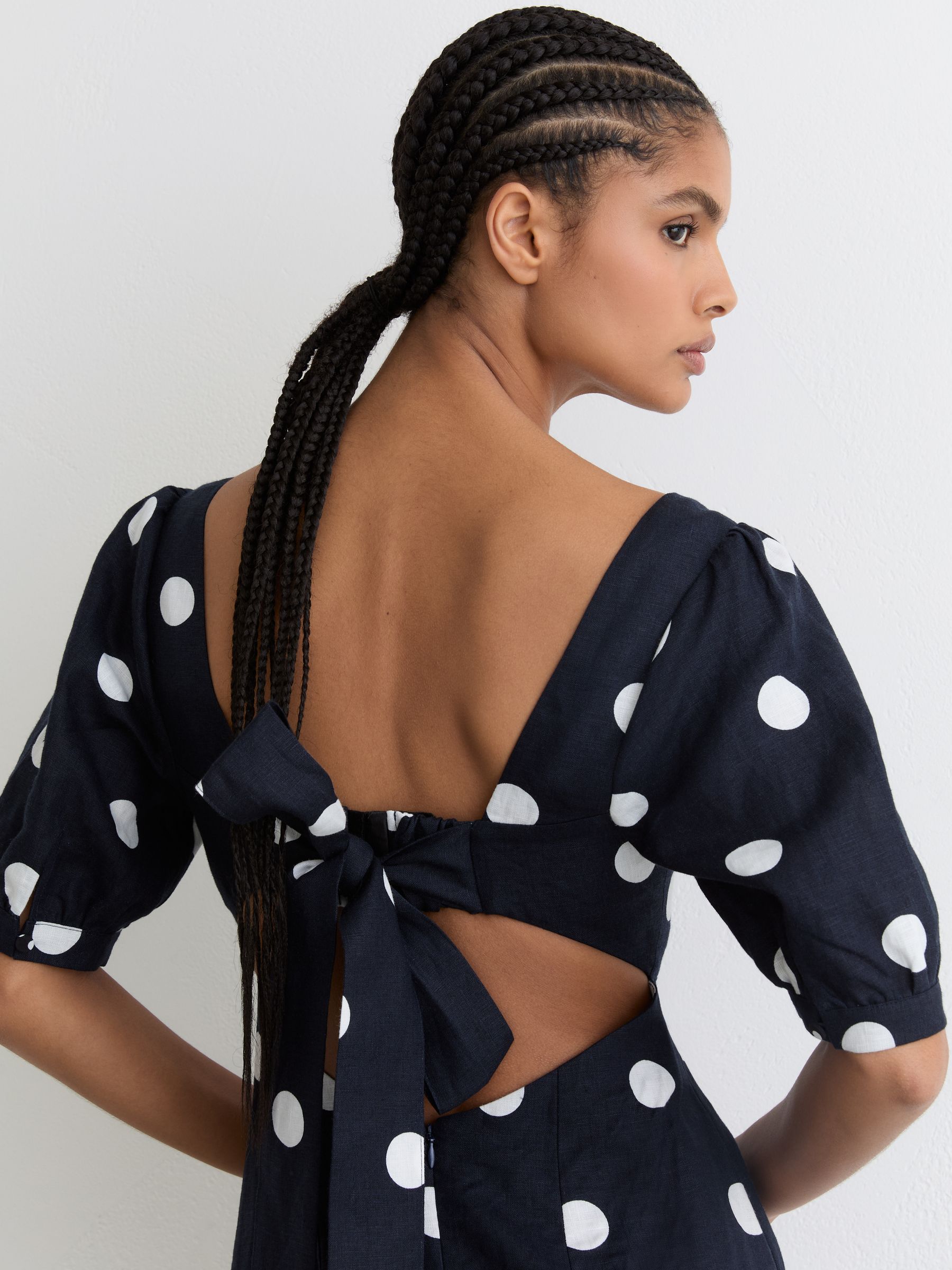 オダカODAKHA specter puff sleeve P/O Buy Reiss Navy/Ivory Astrid Linen Puff-Sleeve Polka-Dot Midi Dress