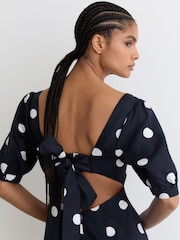 Reiss Navy/Ivory Astrid Linen Puff-Sleeve Polka-Dot Midi Dress - Image 3 of 7