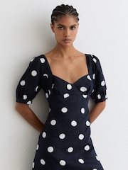 Reiss Navy/Ivory Astrid Linen Puff-Sleeve Polka-Dot Midi Dress - Image 5 of 7