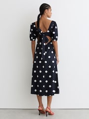Reiss Navy/Ivory Astrid Linen Puff-Sleeve Polka-Dot Midi Dress - Image 6 of 7