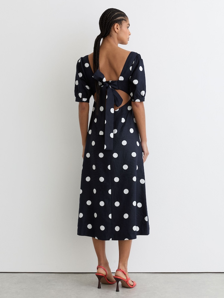 Reiss Astrid Puff-Sleeve Polka-dot Linen Midi Dress - Navy Ivory