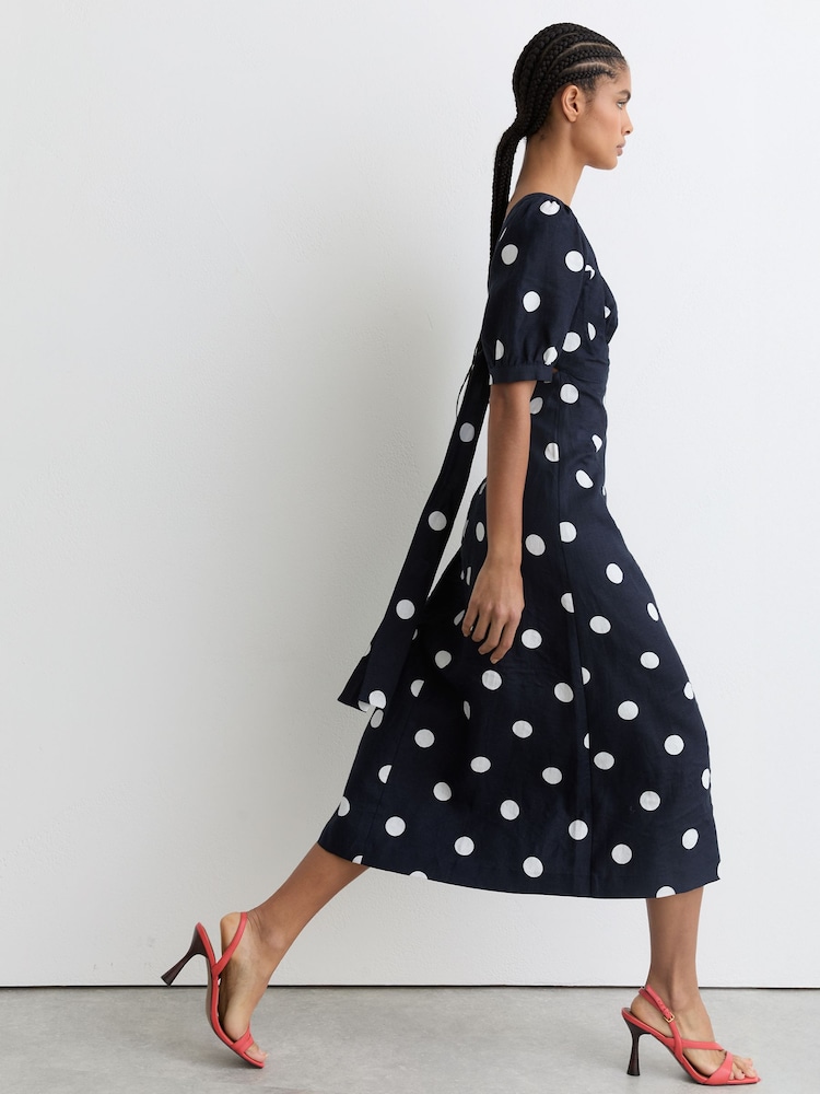 Reiss Astrid Petite Linen Polka-Dot Midi Dress - Navy/Ivory Reiss Astrid Petite Linen Polka-Dot Midi Dress - Navy/Ivory