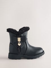 Baker by Ted Baker Chunky Faux Fur Cuff Black Boots with Bow - Image 1 of 6