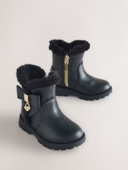 Baker by Ted Baker Chunky Faux Fur Cuff Black Boots with Bow - Image 2 of 6